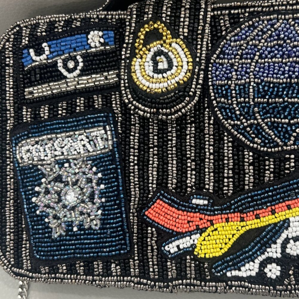NWT Black Silver Stripe Travel Beaded Made in India Passport Plane Crossbody Bag - Picture 4 of 6